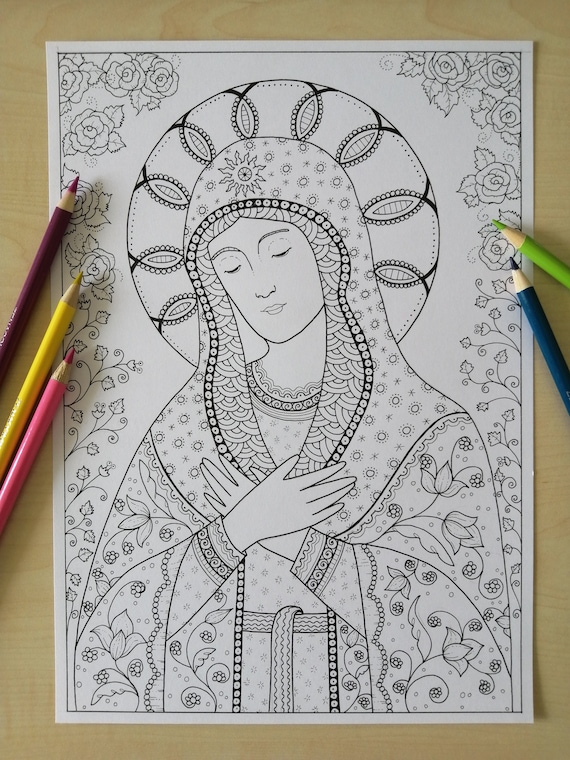 Virgin mary coloring page for adults jpg printable zentangle instant download catholic art bibartworkshop