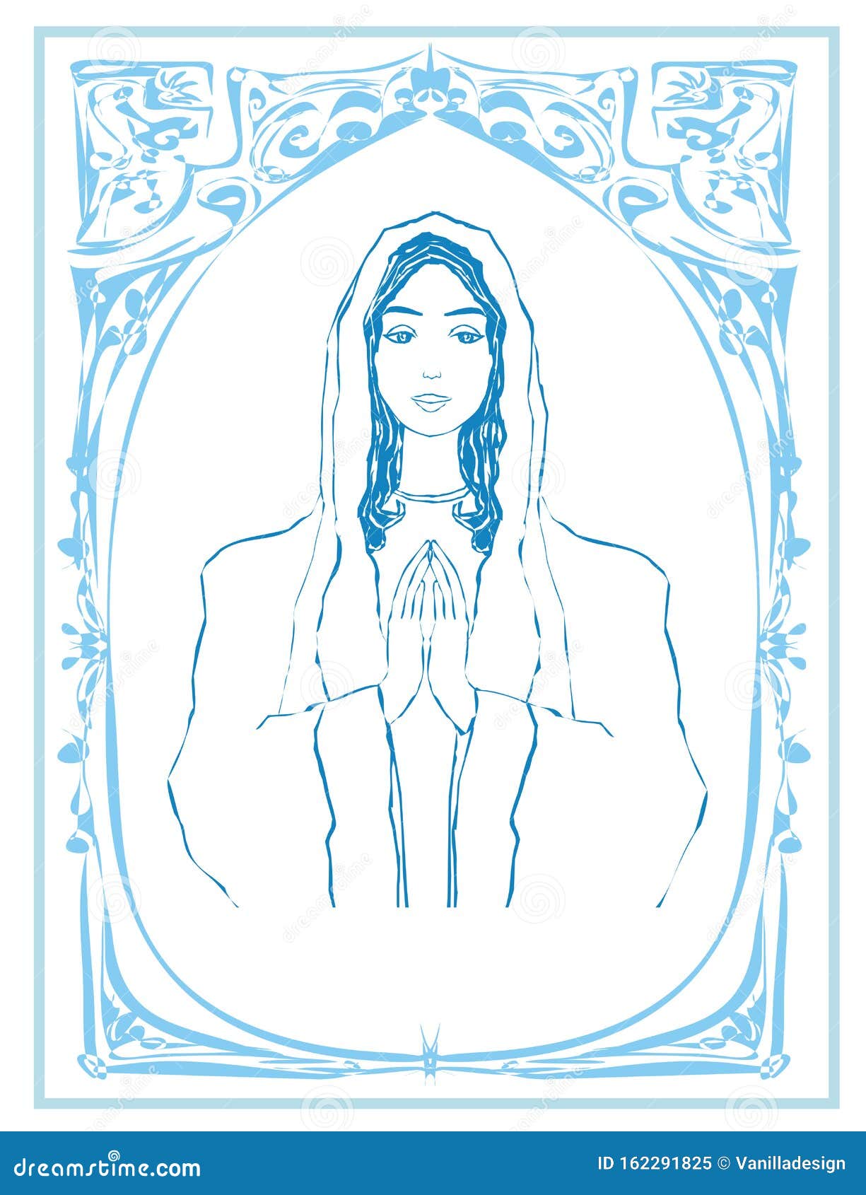 Blessed virgin mary portrait decorative blue card with vintage frame stock vector