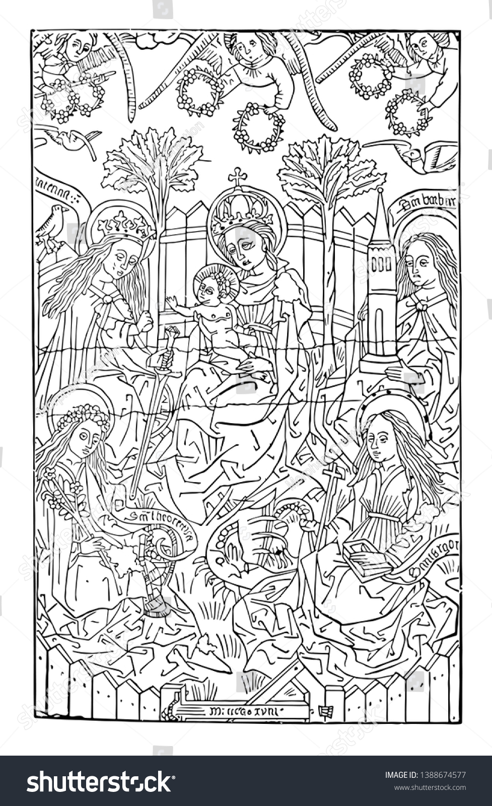 Virgin four saints bibliotheque royale de stock vector royalty free