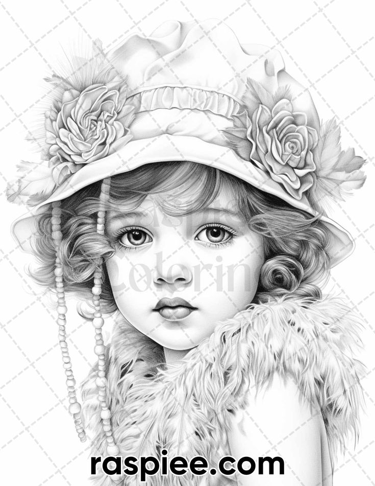 Vintage flapper baby girls grayscale coloring pages for adults pri in grayscale coloring grayscale adult coloring pages