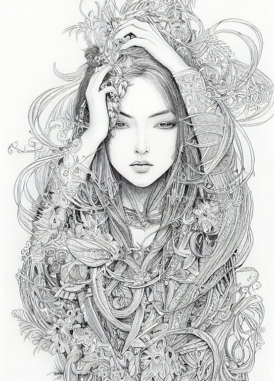 Hand drawn line art black and white coloring page for adults thin lines vintage wiccan by jean