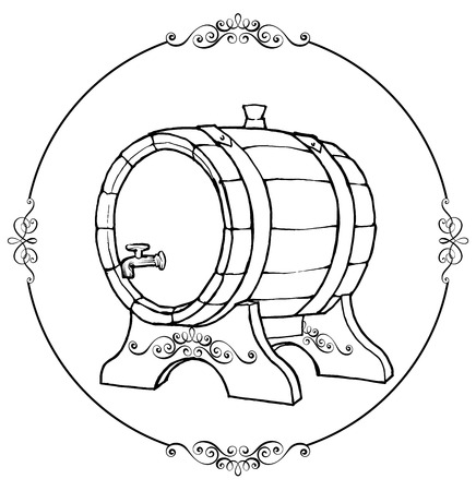 Vector sketch illustration of a wooden wine barrel with the faucet in vintage style with stand hand