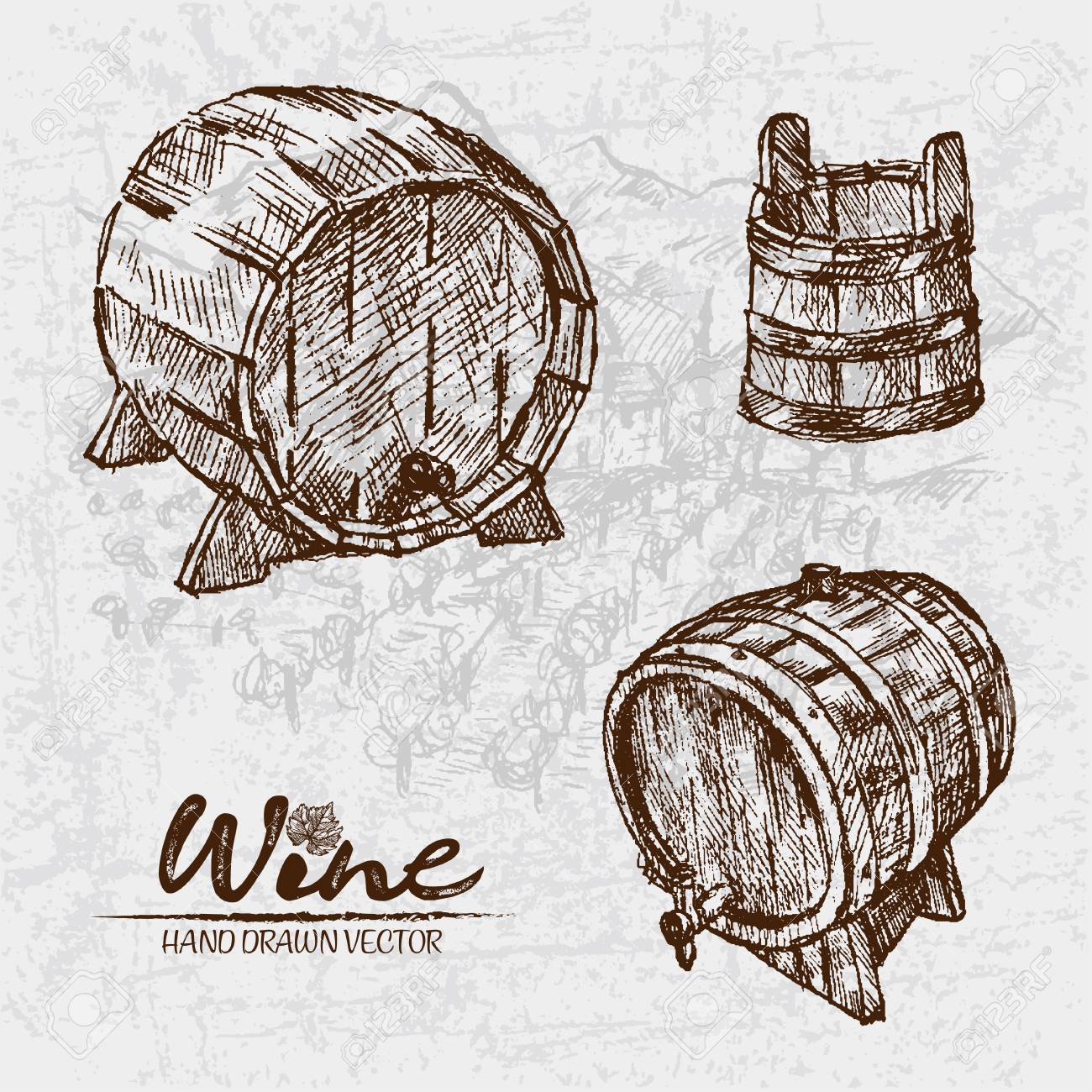 Digital color vector detailed line art vintage wooden wine barrels with tap and bucket hand drawn retro illustration set thin pencil artistic outline vintage ink flat engraved doodle sketches stock photo picture