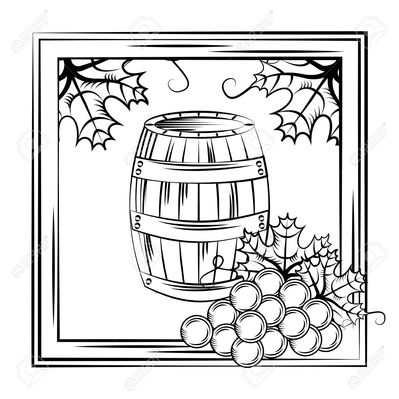 Vintage wine label wood barrel frame leaves decoration vector illustration royalty free svg cliparts vectors and stock illustration image