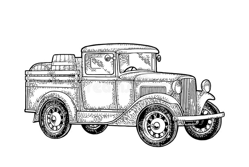 Retro pickup truck with wood barrel side view stock vector