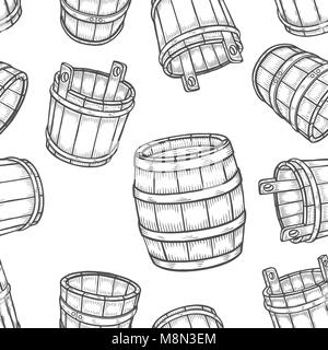Graphic barrels of beer in the front and side views vintage vector seamless pattern drawn in engraving technique coloring book page stock vector image art