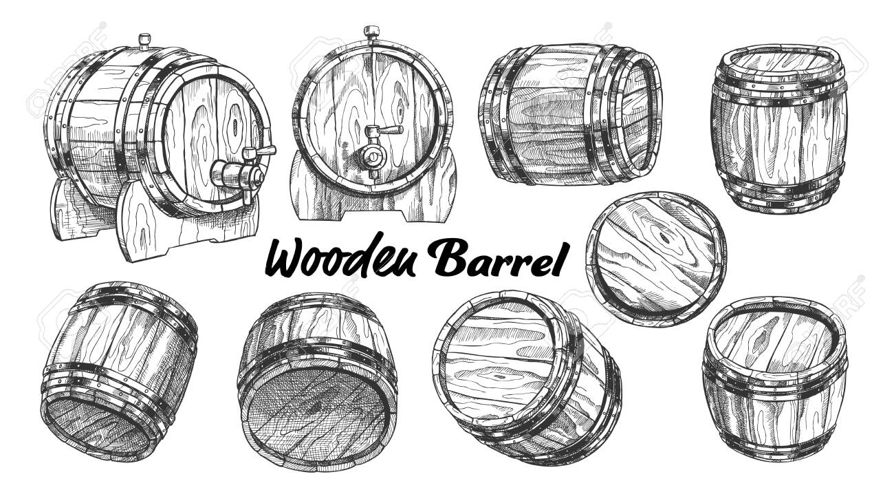 Vintage wooden barrel in different side set collection of barrel for production storaging and shipping alcoholic drinks monochrome equipment object for liquid cartoon illustration stock photo picture and royalty free image