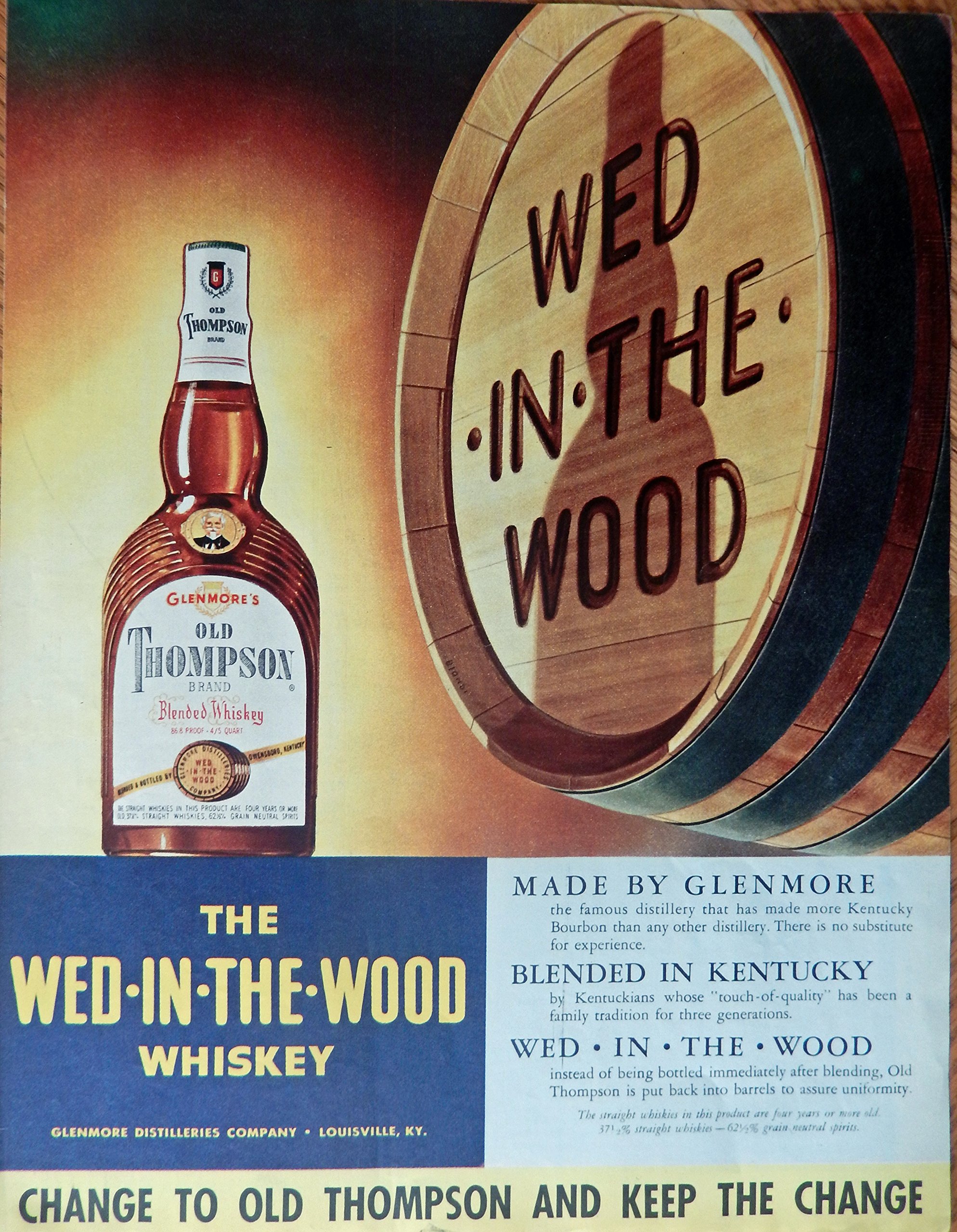 Glenmores old thompson whiskey s print ad full page color illustration wood barrel original vintage colliers magazine print art posters prints