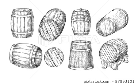 Wooden barrel sketch hand drawn vintage oak