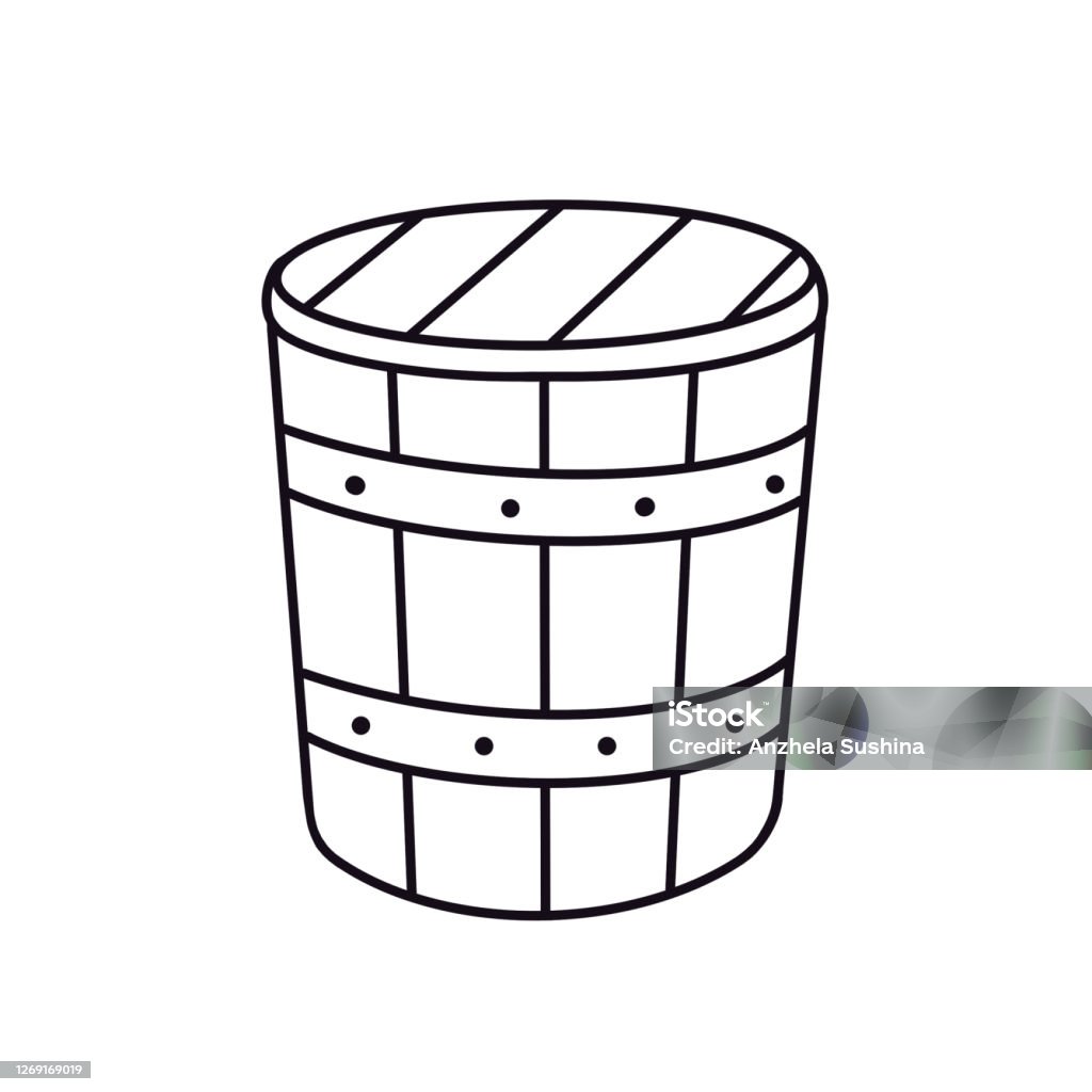 Outline cartoon closed old wooden bucket with a lid antique rural barrel line art design element isolated doodle coloring book page stock illustration