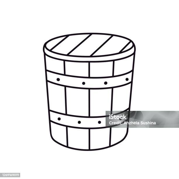 Outline cartoon closed old wooden bucket with a lid antique rural barrel line art design element isolated doodle coloring book page stock illustration