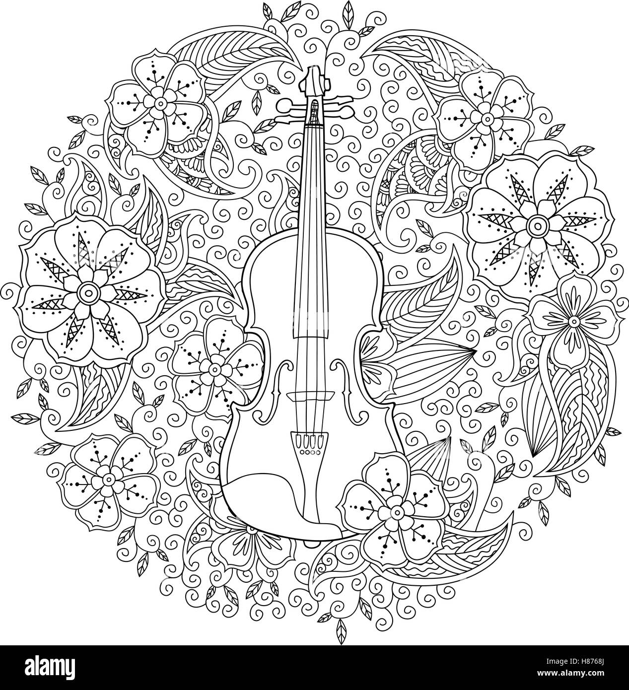 Coloring page with ornamental violin in circle shape on white background stock vector image art