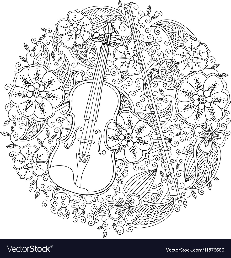 Coloring page with ornamental violin in circle vector image