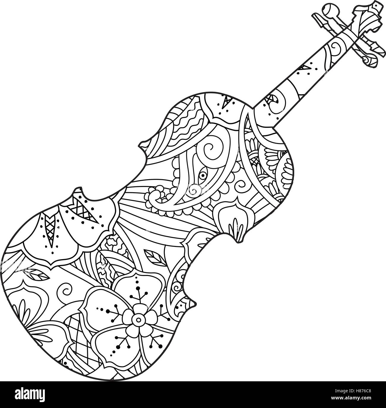 Coloring page with ornamental violin isolated on white background stock vector image art