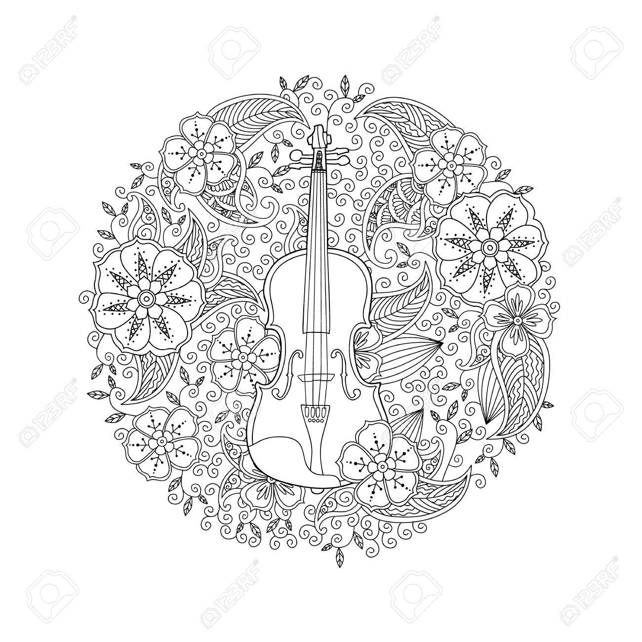 Coloring page with ornamental violin in circle shape on white background antistress coloring book for adult and children doodle floral nature style vector illustration royalty free svg cliparts vectors and stock illustration