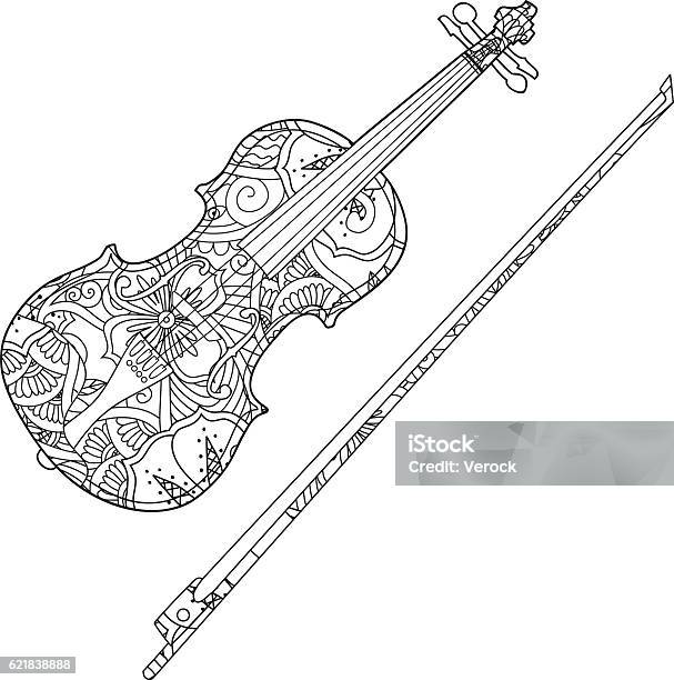 Coloring page with ornamental violin and fiddlestick isolated on white stock illustration