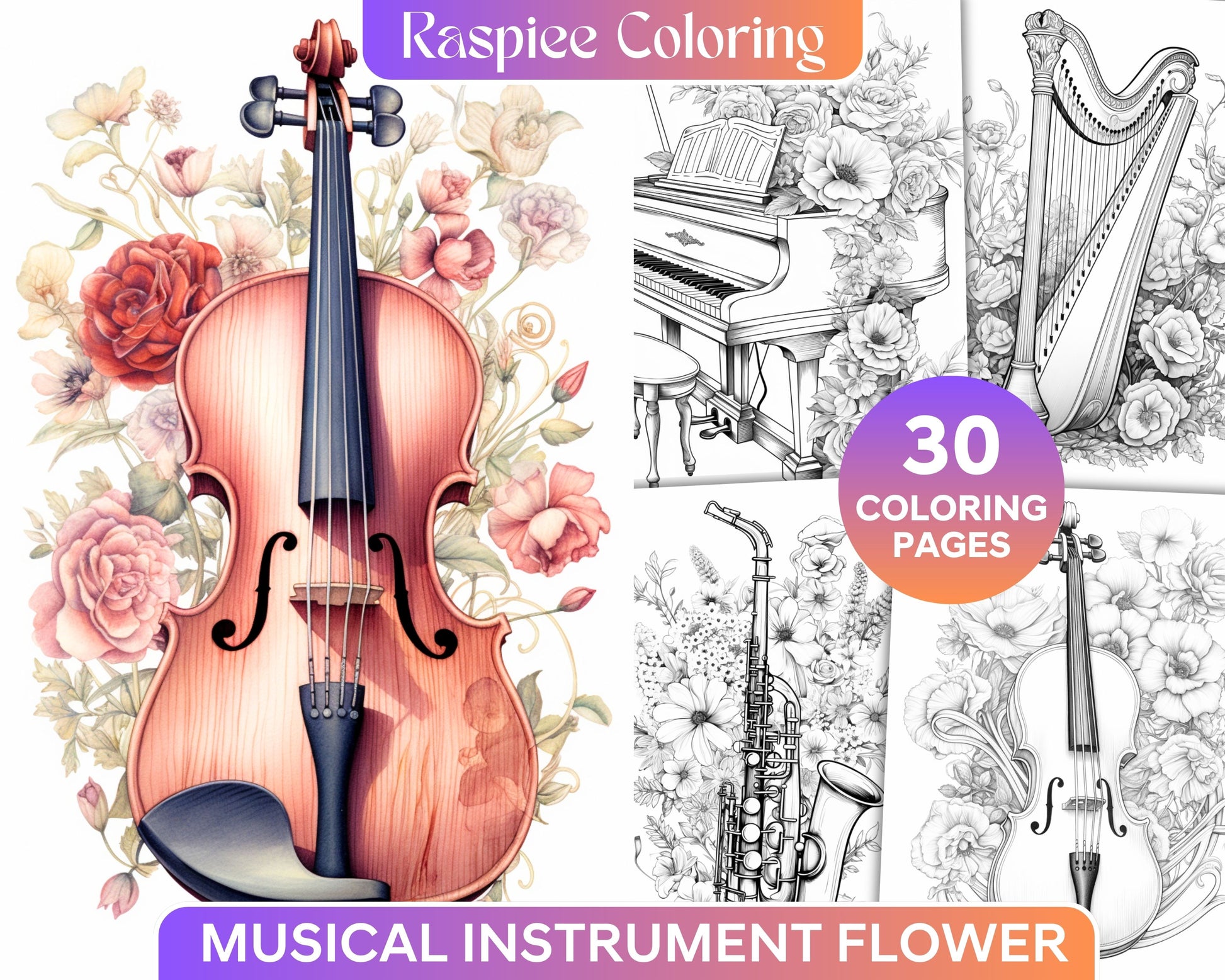 Musical instrument flower grayscale coloring pages printable for ad â coloring