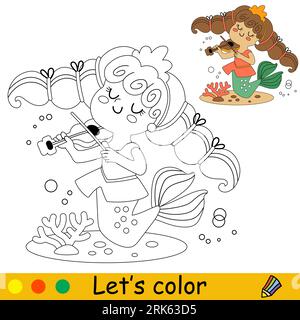 Cute and happy little mermaid with a violin vector cartoon black and white illustration kids coloring page with a color sample for print design p stock vector image art
