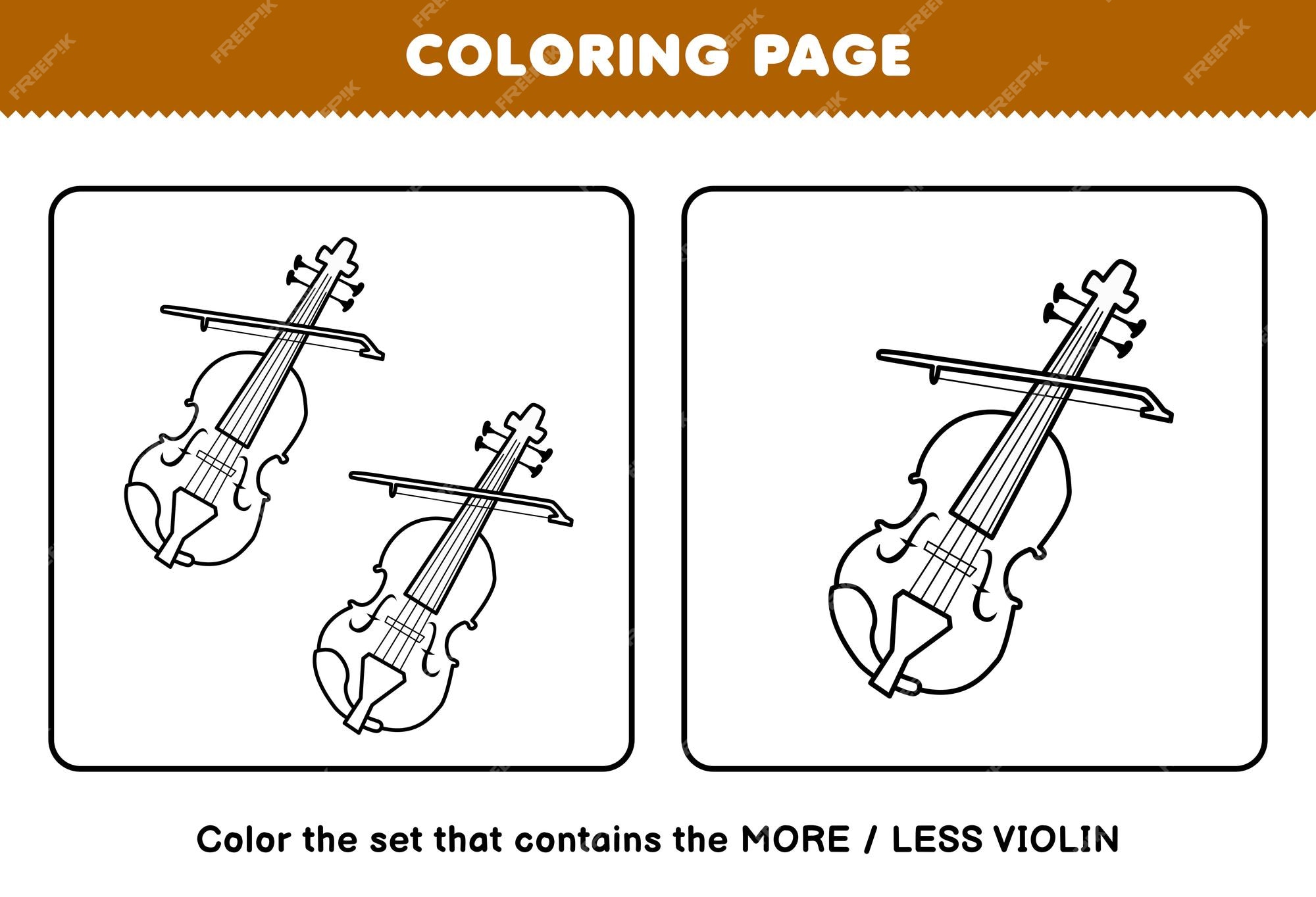 Premium vector education game for children coloring page more or less picture of cartoon music instrument violin line art set printable worksheet