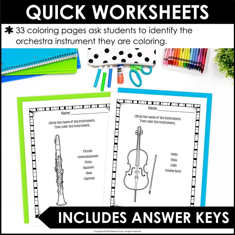 Orchestra instruments music coloring pages and worksheets for elementary music