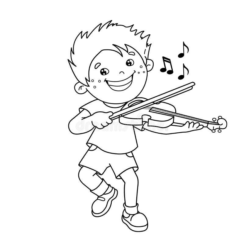 Coloring page outline of cartoon boy playing the violin stock vector
