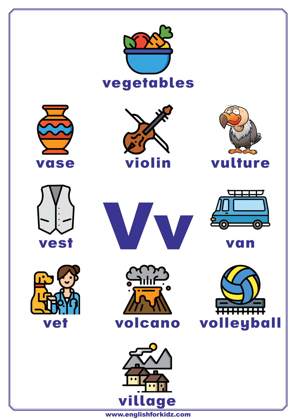 English for kids step by step letter v worksheets flash cards coloring pages