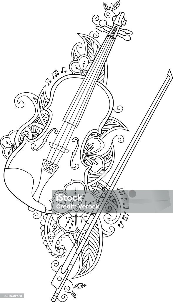 Coloring page violin and bow with flowers leafs in stock illustration