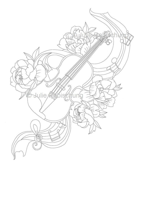 Violin coloring pagesprintable coloring pagedigital coloring pageadult coloring bookfloral coloring page