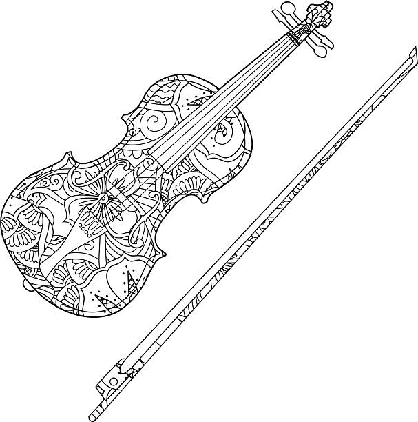 Coloring page with ornamental violin and fiddlestick isolated on white stock illustration