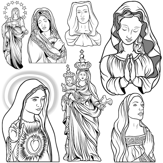 Premium vector black and white set of virgin mary