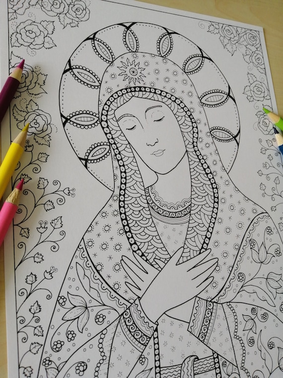 Virgin mary coloring page for adults jpg printable zentangle instant download catholic art bibartworkshop