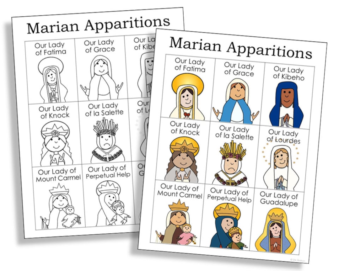 Blessed virgin mary marian apparitions coloring page activity catholic bulletin board poster home altar print homeschool printable