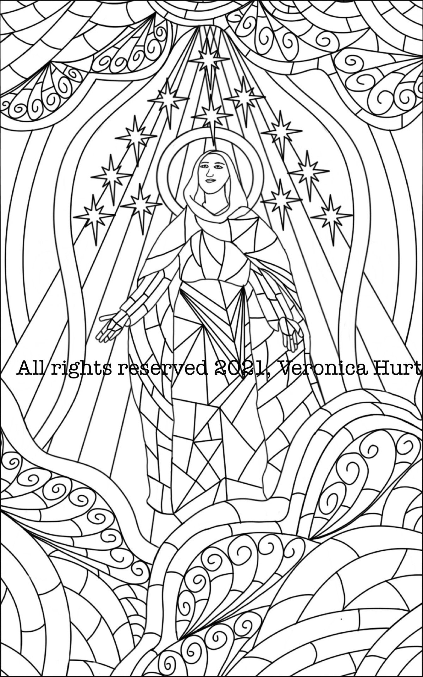 Assumption of mary stained glass coloring page for kids and adults instant download