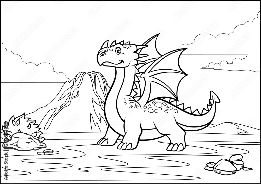 Black and white coloring page dragon and volcano mountain vector