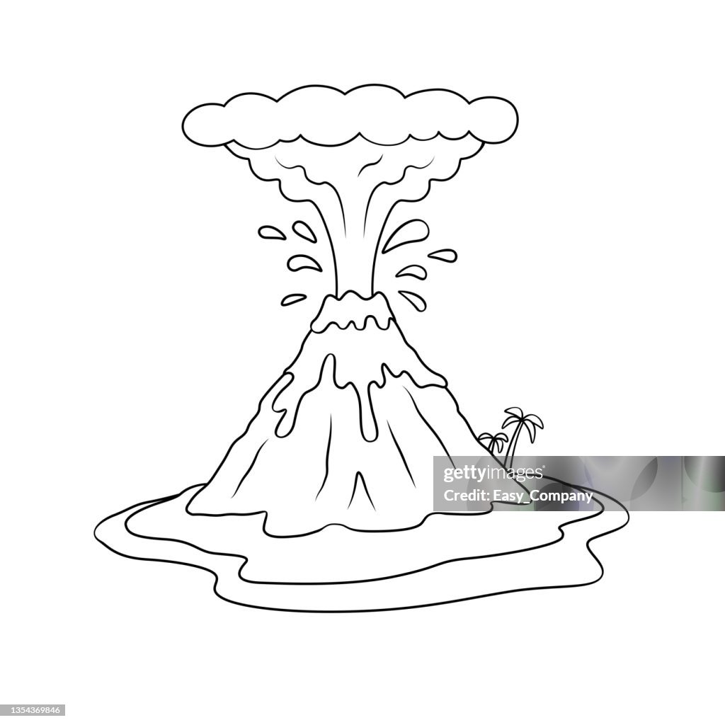 Black and white vector illustration of a childrens activity coloring book page with pictures of nature volcano high