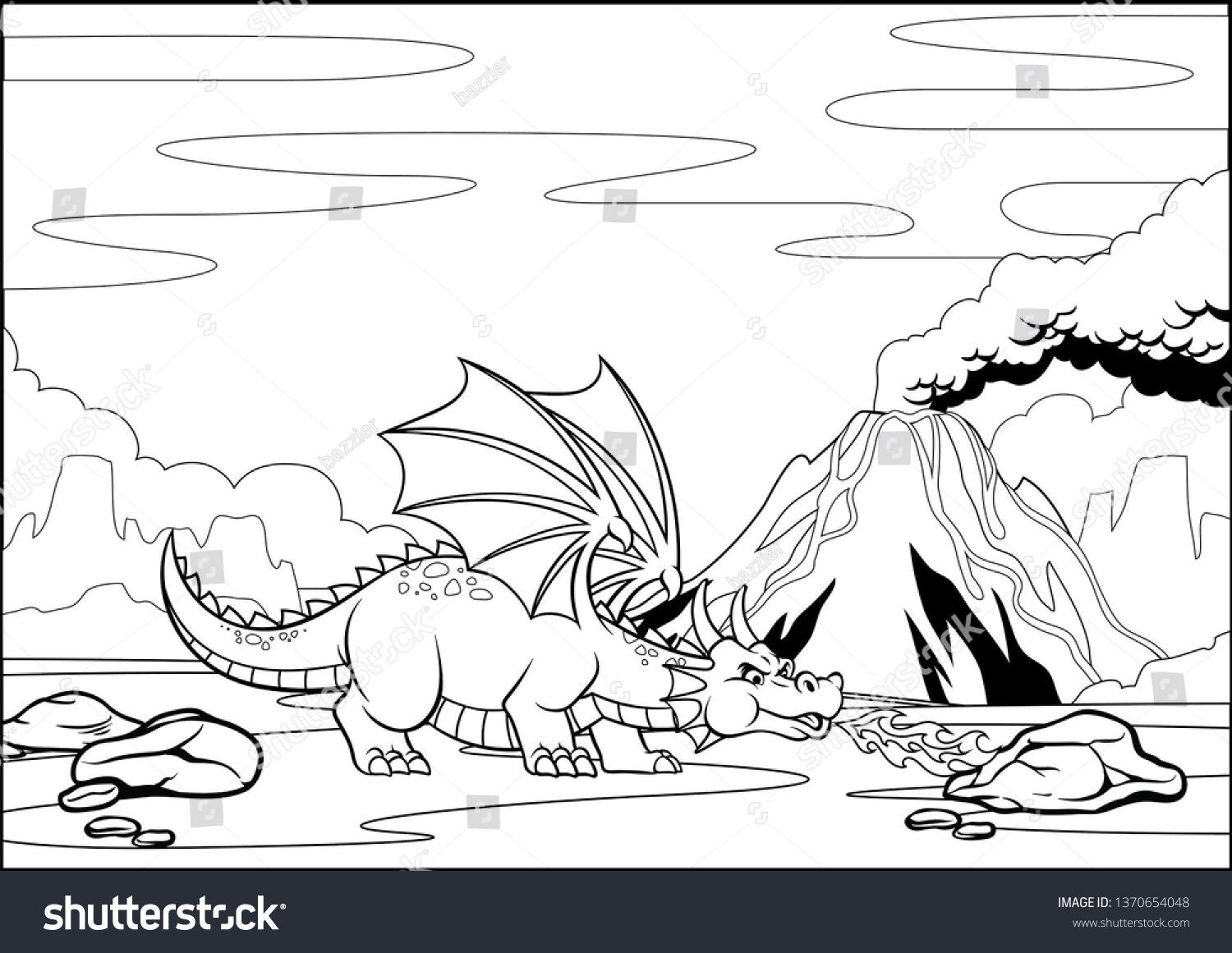 Black white coloring page dragon volcano stock vector royalty free