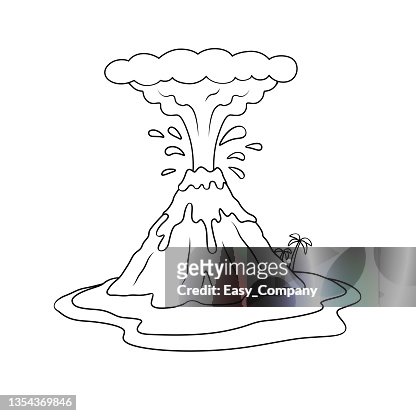 Black and white vector illustration of a childrens activity coloring book page with pictures of nature volcano high