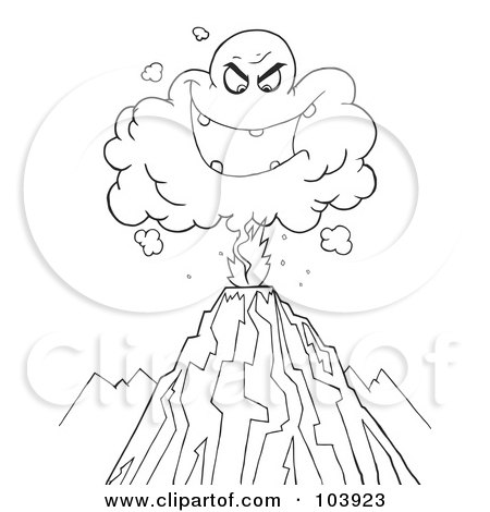 Coloring page outline of an evil ash cloud above an erupting volcano posters art prints by