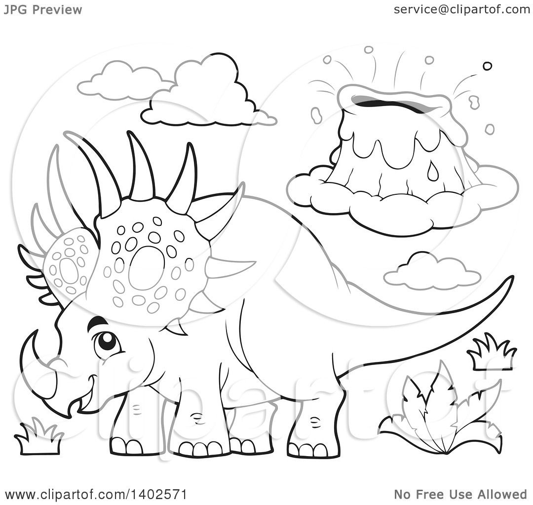 Clipart of a black and white lineart triceratops dinosaur and volcano
