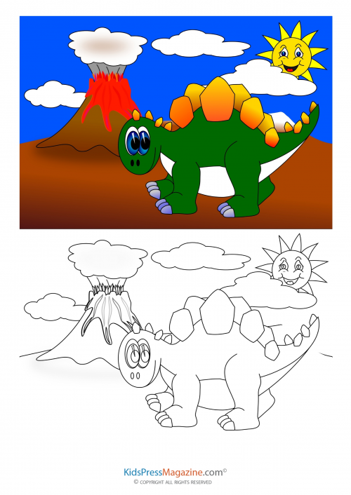Dinosaur with volcano coloring page