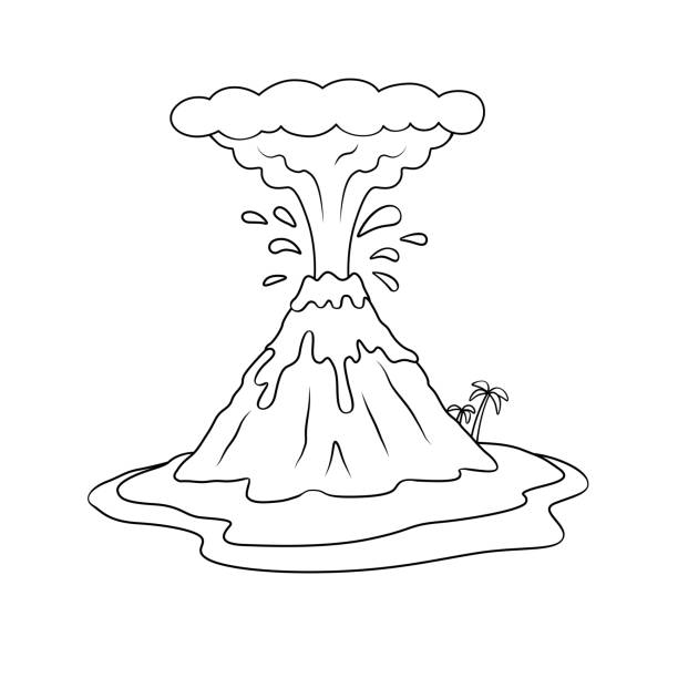 Black and white vector illustration of a childrens activity coloring book page with pictures of nature volcano stock illustration