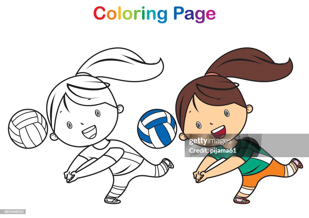 Coloring book girl playing volleyball high