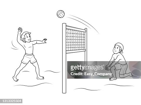 Vector illustration of beach volleyball players playing with the ball isolated on white background kids coloring page drawing art first word flash card color cartoon character clipart high