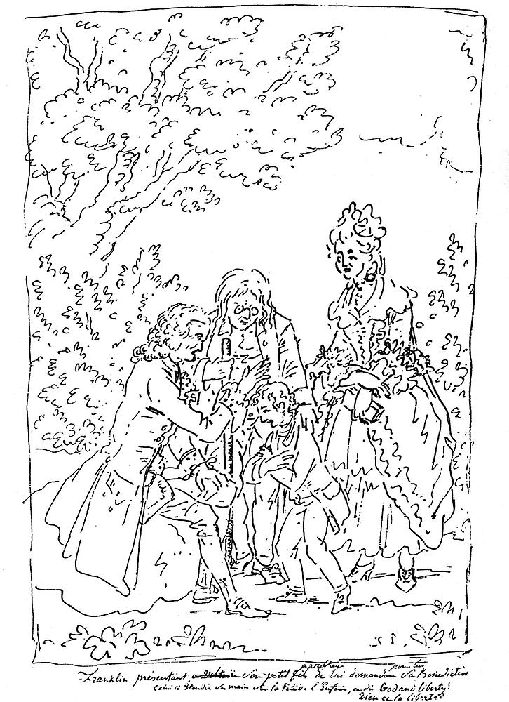 Franklin voltaire nbenjamin franklin presenting his grandson benjamin franklin benny bache to voltaire at paris in contemporary drawing poster