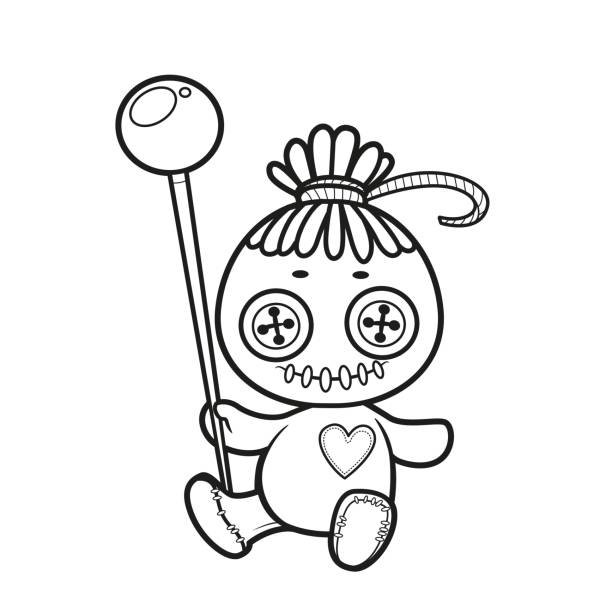 Voodoo doll with a pin sits on the surface outlined for coloring page on white background stock illustration