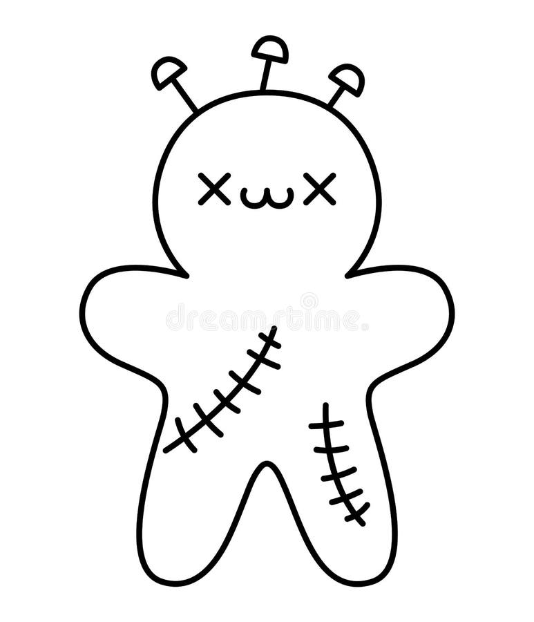 Vector black and white kawaii voodoo doll cute smiling halloween line character for kids stock vector