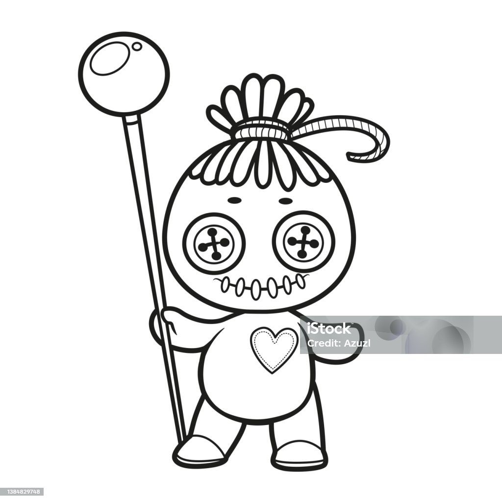 Voodoo doll with a pin stand on the surface outlined for coloring page on white background stock illustration
