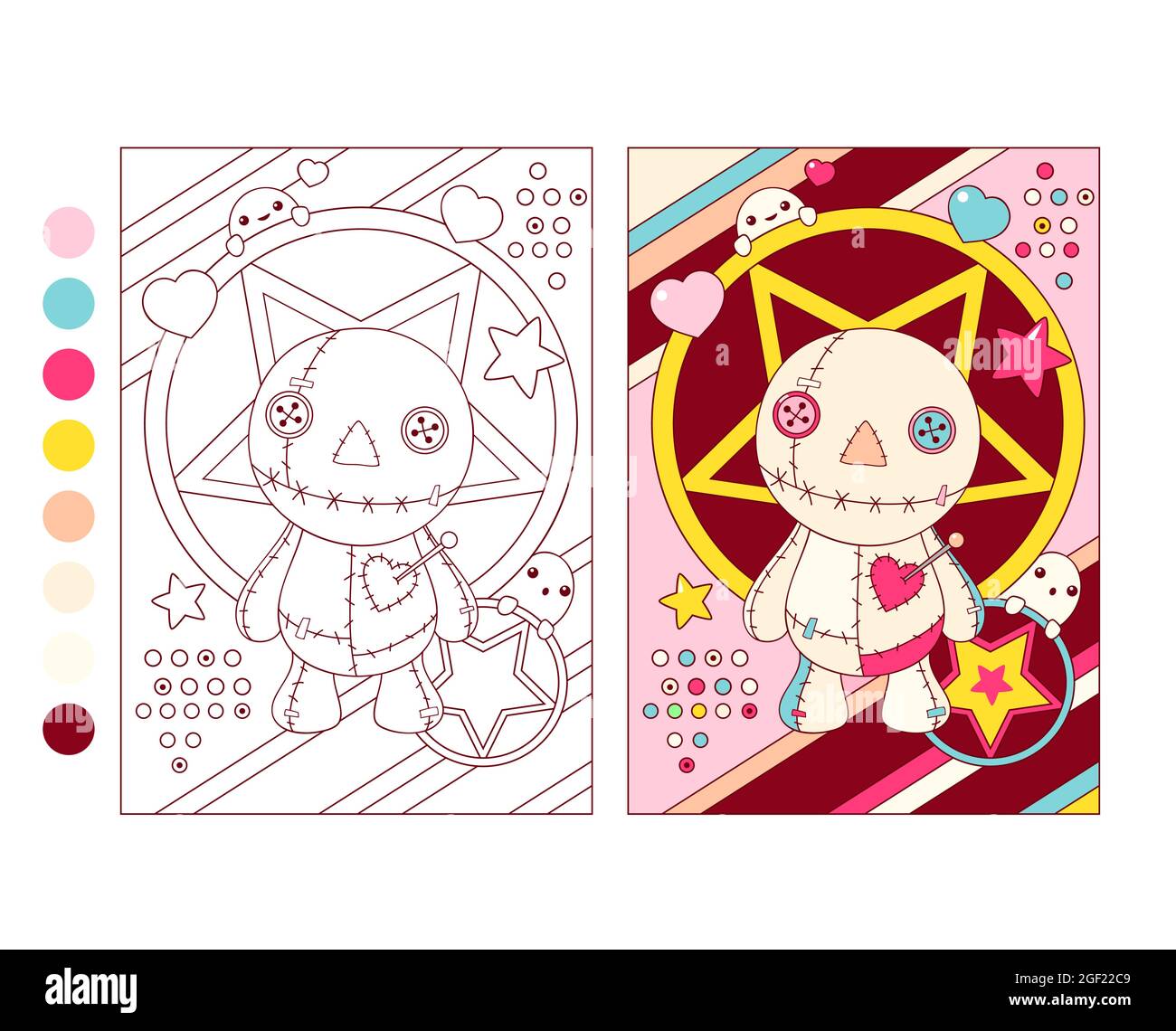 Colorful and black and white pattern for coloring voodoo doll with a pin in the heart coloring book and colorful clipart character for children and stock vector image art
