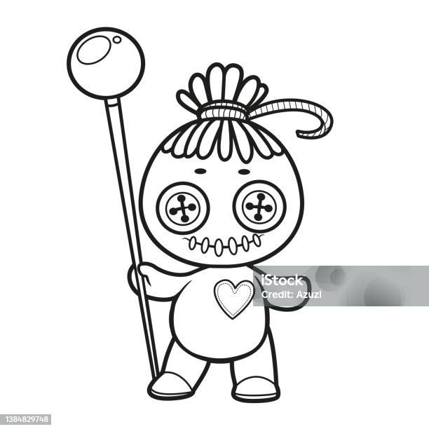 Voodoo doll with a pin stand on the surface outlined for coloring page on white background stock illustration