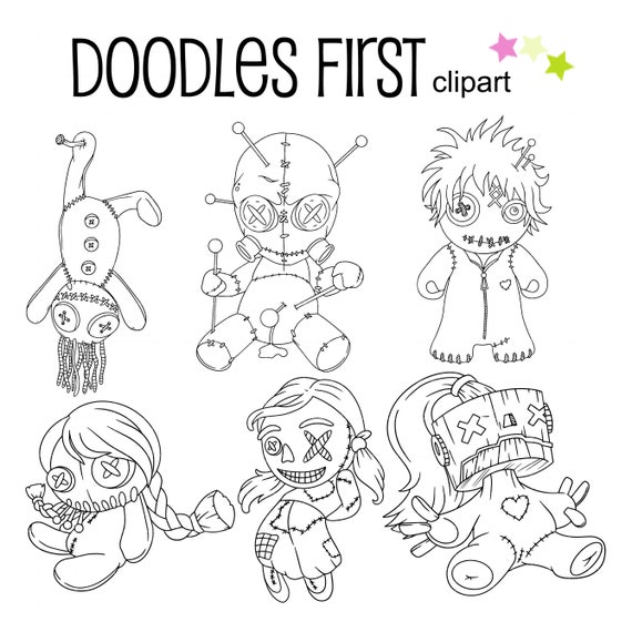 Voodoo dolls outline drawings digital clip art for scrapbooking card making cupcake toppers paper crafts